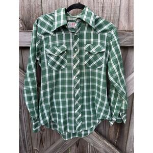 Vintage Bronco Mens Green Plaid Western Pearl Snap Shirt Long Sleeve‎ Size 15.5